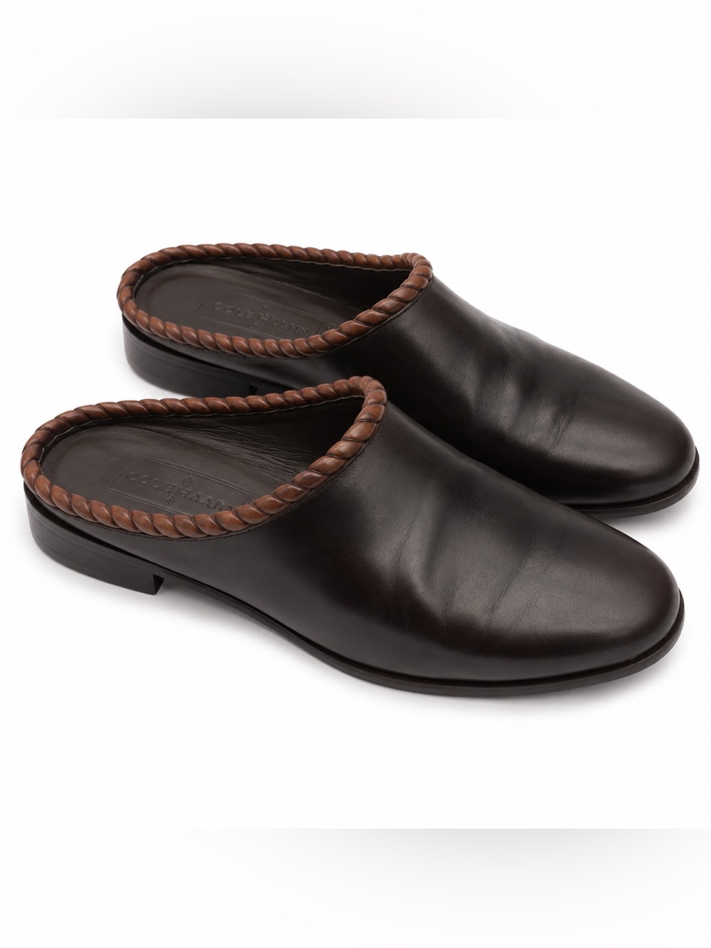 Cole Haan Black Leather Mules with Brown Braided Trim